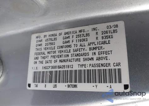 2008 Honda Accord 3.5 Ex-L z USA, uszkodzony, nr VIN 1HGCP36818A051912